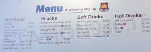 Cartellone prezzi bar Upton Park