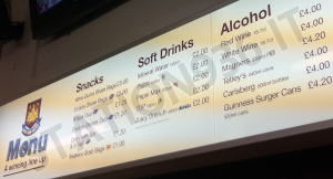 Prezzi bevande e alcolici allo stadio di Upton Park