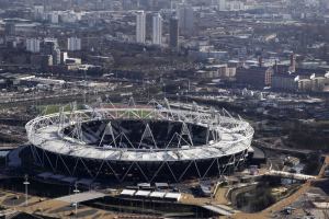 The gated Bow Quarter apartment complex is seen at right near the Olympic stadium in London